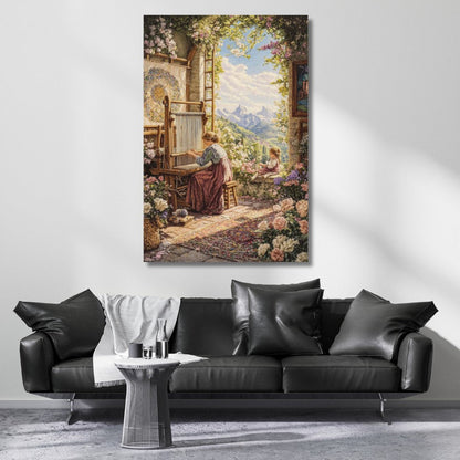 Woman Weaving a Carpet Canvas Painting, Classic-Look Printed Canvas Painting