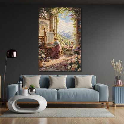 Woman Weaving a Carpet Canvas Painting, Classic-Look Printed Canvas Painting
