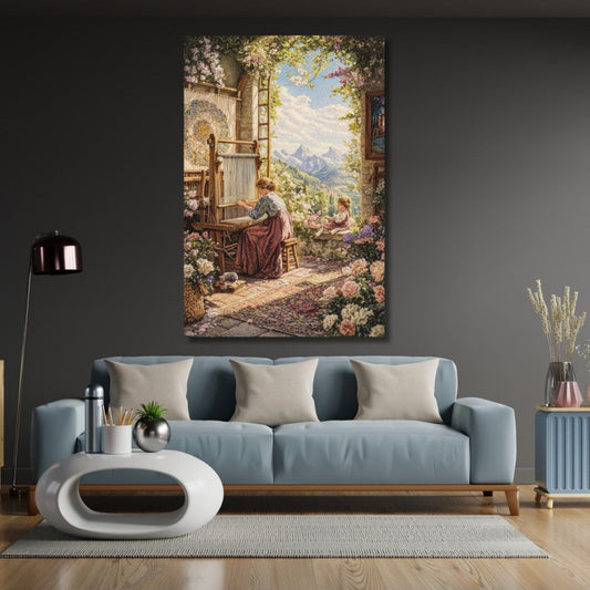 Woman Weaving a Carpet Canvas Painting, Classic-Look Printed Canvas Painting