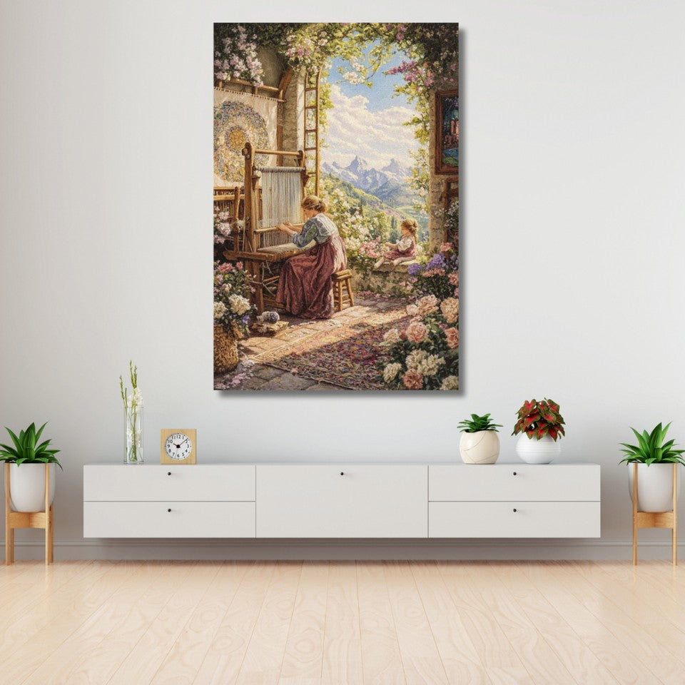Woman Weaving a Carpet Canvas Painting, Classic-Look Printed Canvas Painting