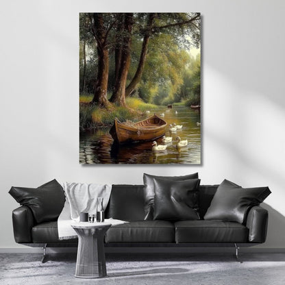 Boat and Ducks on the Lake Landscape Canvas Painting Home Decor Living Room Painting