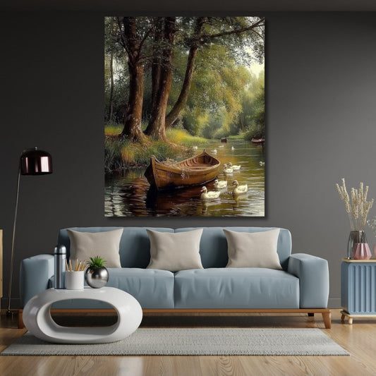 Boat and Ducks on the Lake Landscape Canvas Painting Home Decor Living Room Painting