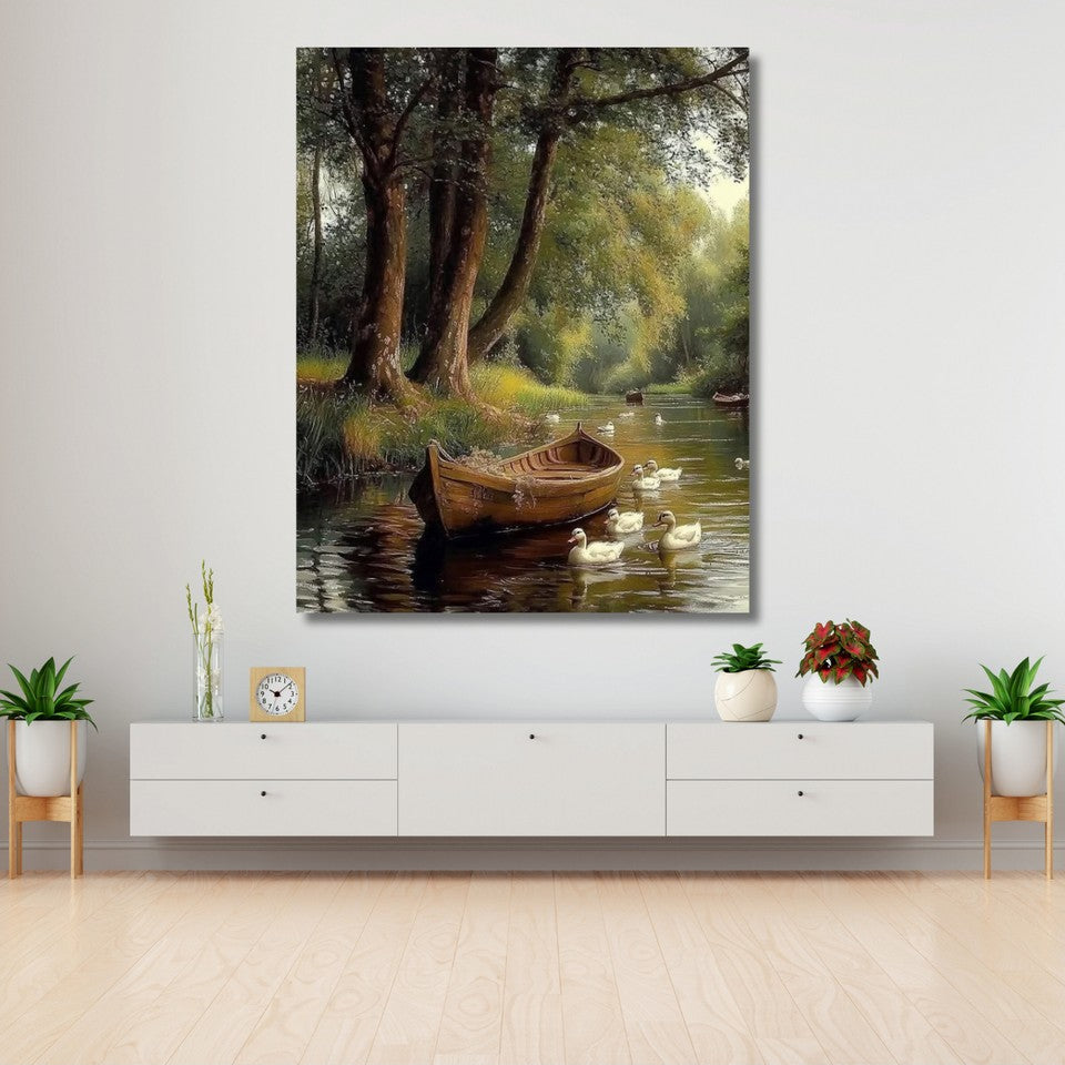Boat and Ducks on the Lake Landscape Canvas Painting Home Decor Living Room Painting