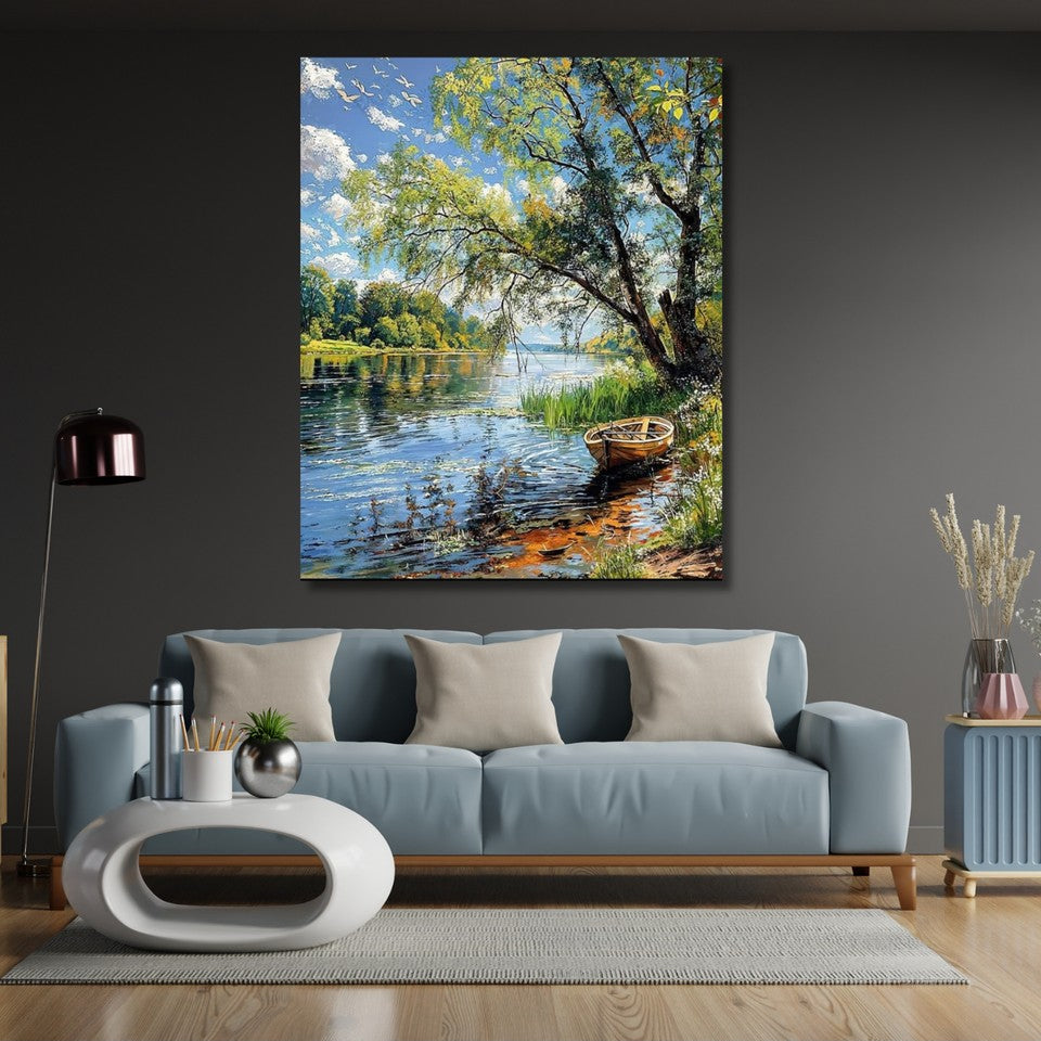 Lake and Boat Canvas Painting Landscape Canvas Print Painting Living Room Painting