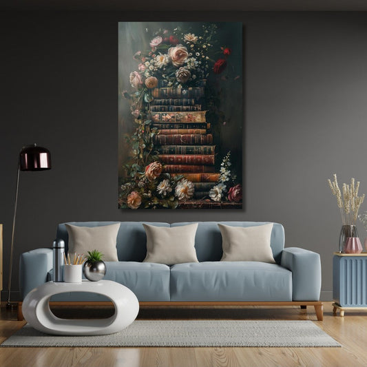 Çiçekler ve Kitaplar Kanvas Dijital Baskı Duvar Tablosu Yeni Ev Hediyesi
