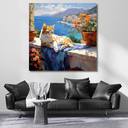 Harbor View and Cat Canvas Painting Digital Print Painting Model
