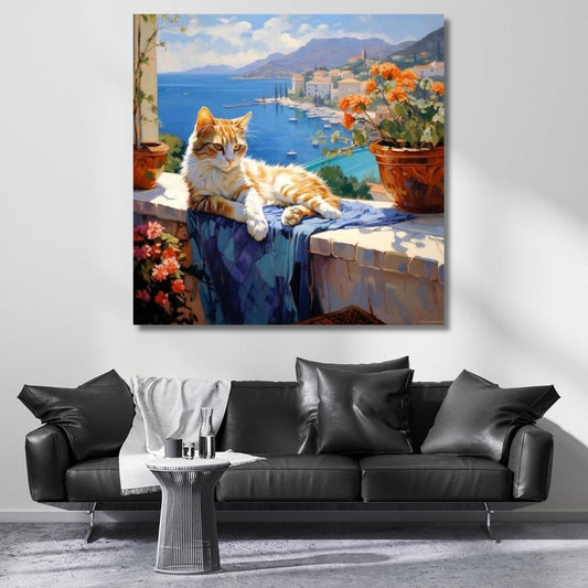 Harbor View and Cat Canvas Painting Digital Print Painting Model
