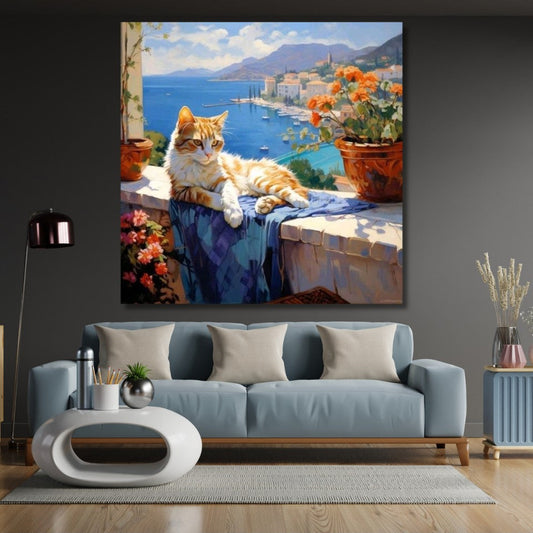 Harbor View and Cat Canvas Painting Digital Print Painting Model