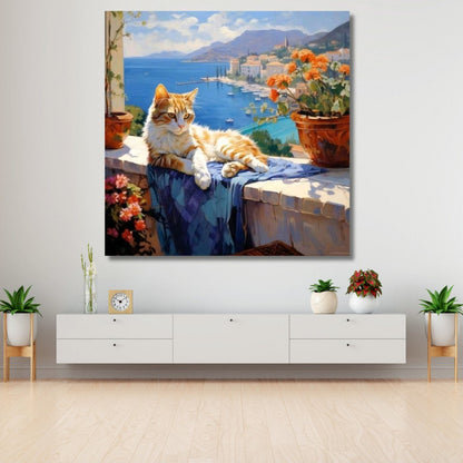 Harbor View and Cat Canvas Painting Digital Print Painting Model