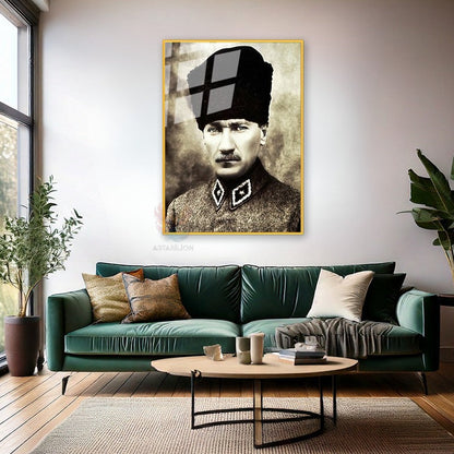Atatürk Görseli Metal Çerçeveli Cam Tablo Dikey Duvar Tablosu Ev Ofis Dekoru Ev Ofis Hediyesi
