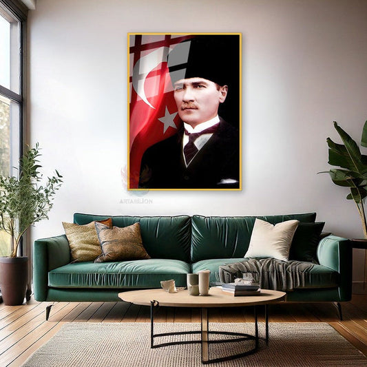 Atatürk ve Bayrak Metal Çerçeveli Cam Tablo Dikey Duvar Tablosu Ofis Ev Dekoru Atatürk Portresi