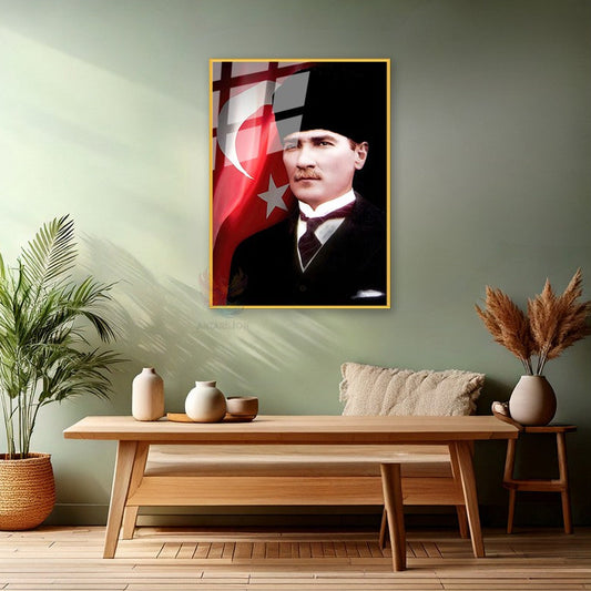 Atatürk ve Bayrak Metal Çerçeveli Cam Tablo Dikey Duvar Tablosu Ofis Ev Dekoru Atatürk Portresi
