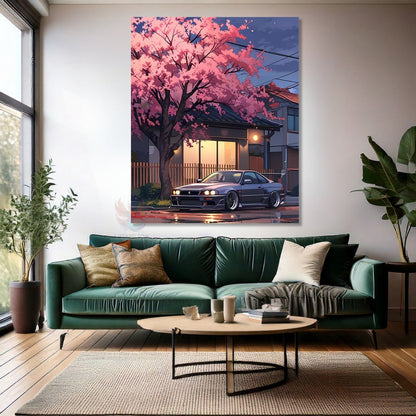 Car and Cherry Blossom Tree Canvas Landscape Painting Canvas Car Painting
