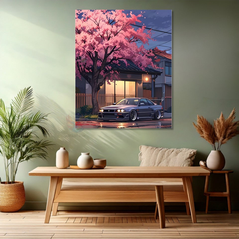 Car and Cherry Blossom Tree Canvas Landscape Painting Canvas Car Painting