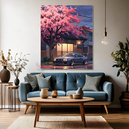 Car and Cherry Blossom Tree Canvas Landscape Painting Canvas Car Painting