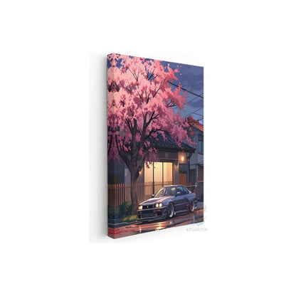 Car and Cherry Blossom Tree Canvas Landscape Painting Canvas Car Painting