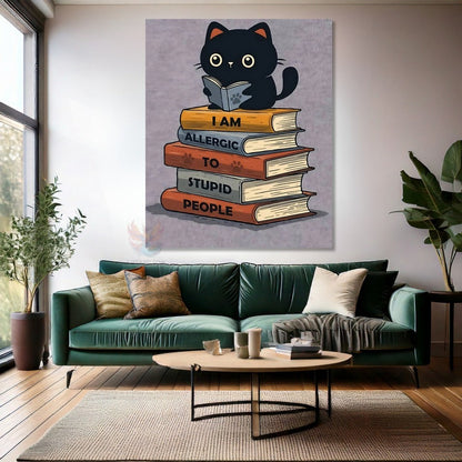 Sevimli Kedicik ve Kitapları Kanvas Tablo Modeli Kedi Tablosu