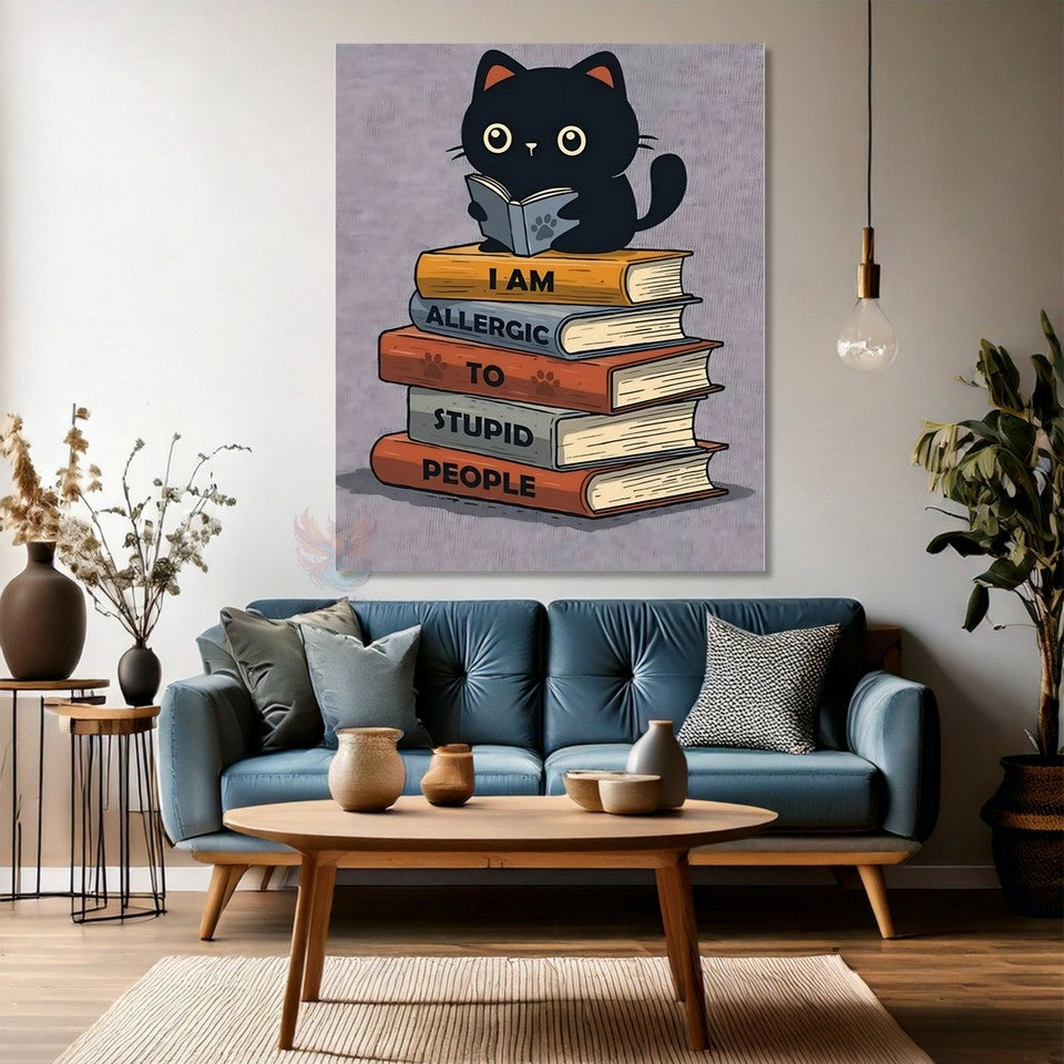 Sevimli Kedicik ve Kitapları Modeli Kedi Kanvas Tablo
