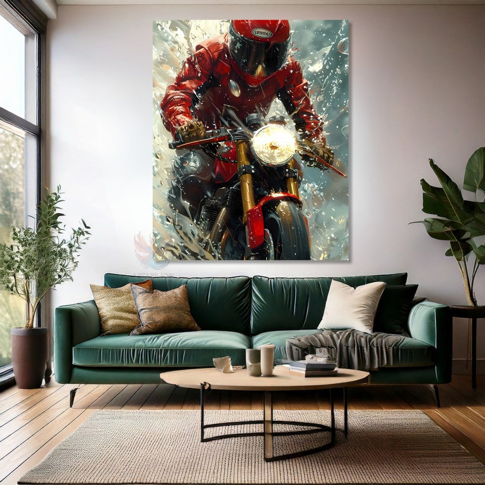 Red Biker Canvas Painting, Modern Teen Room Painting, Motorcycle Painting