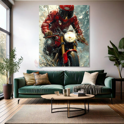 Red Biker Canvas Painting, Modern Teen Room Painting, Motorcycle Painting