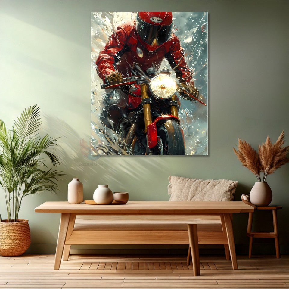 Red Biker Canvas Painting, Modern Teen Room Painting, Motorcycle Painting