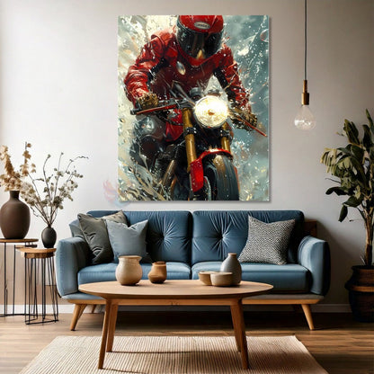 Red Biker Canvas Painting, Modern Teen Room Painting, Motorcycle Painting