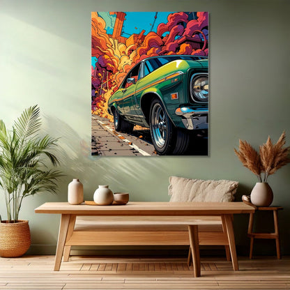Green Car Colorful Smoke Canvas Painting Modern Teen Room Painting