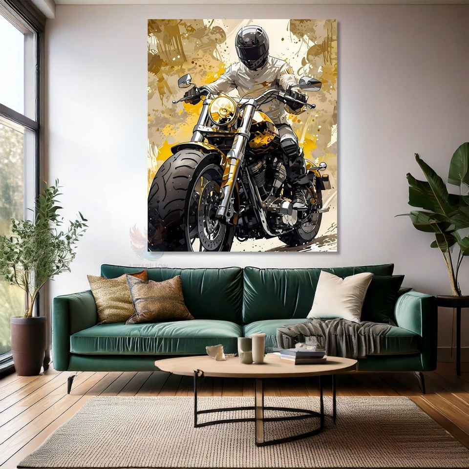 Sarı Siyah Motorsiklet Görseli Kanvas Tablo Modern Genç Odası Tablosu