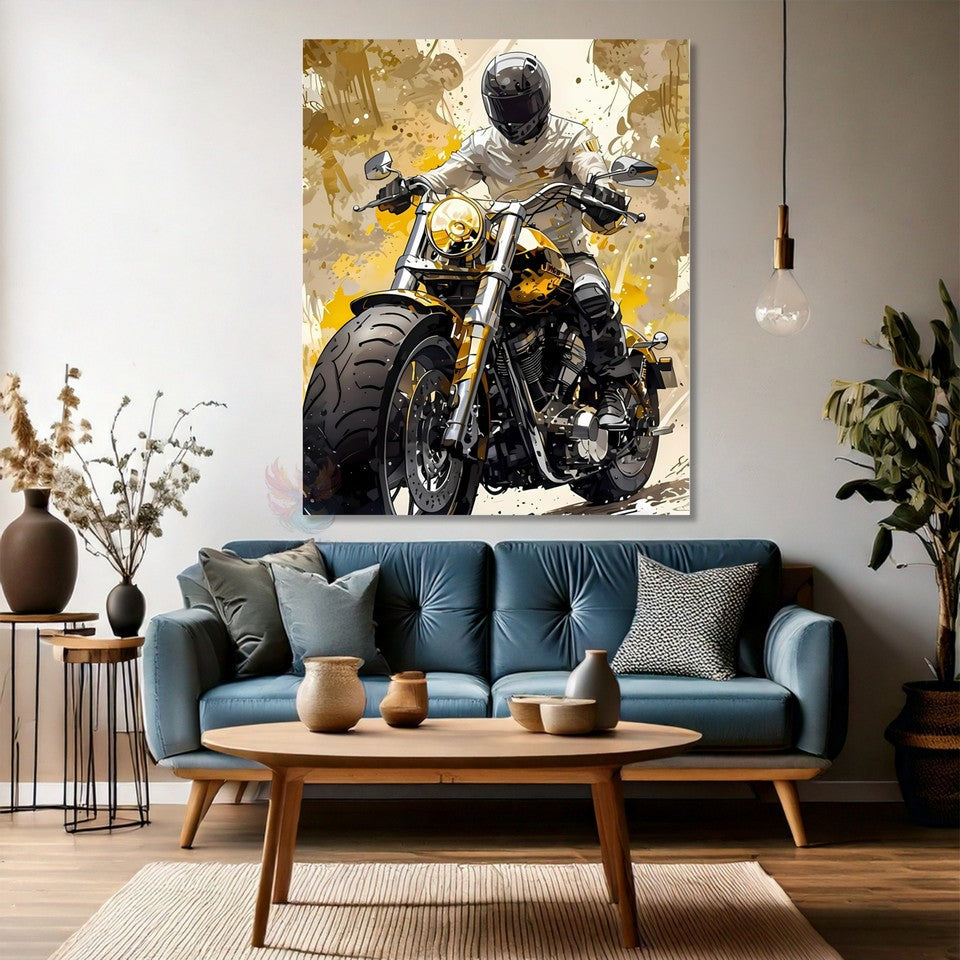 Sarı Siyah Motorsiklet Görseli Kanvas Tablo Modern Genç Odası Tablosu