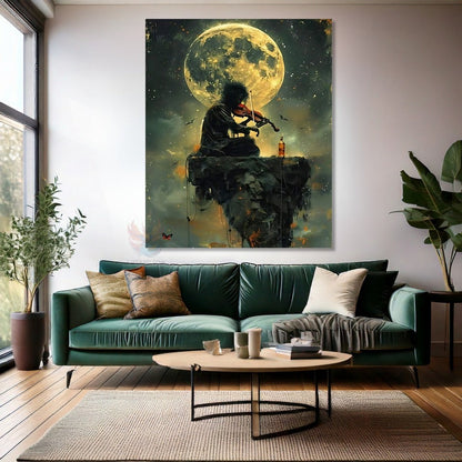 Moon and Violinist Canvas Painting, Modern Living Room Painting, Housewarming Gift