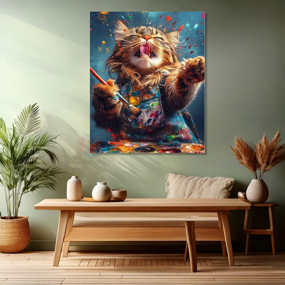 Ressam Kedi Modern Modeli Kanvas Tablo