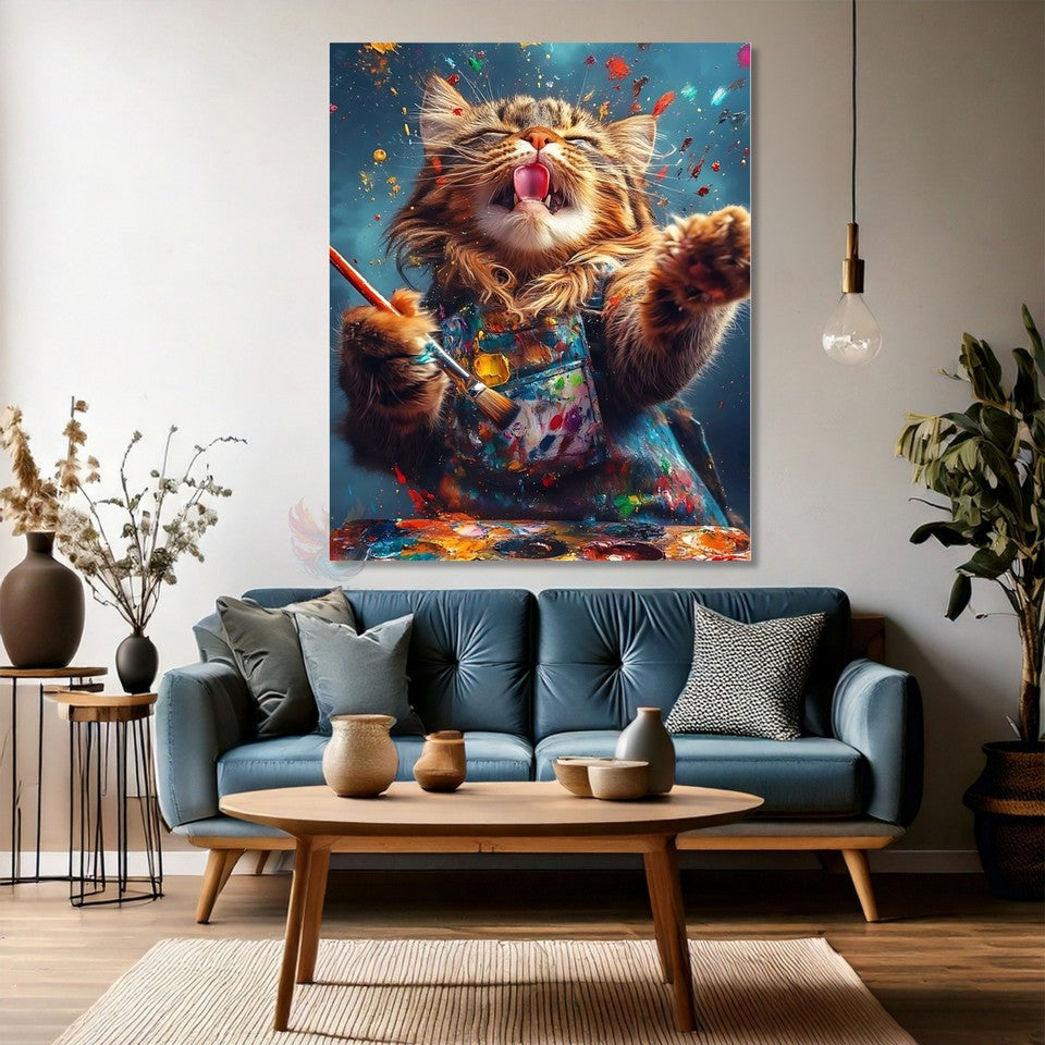 Ressam Kedi Modern Modeli Kanvas Tablo