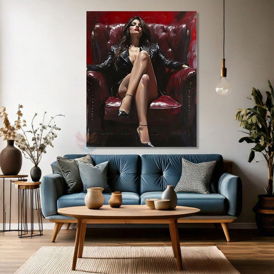 Beautiful Woman in Red Armchair Canvas Painting Living Room Wall Art