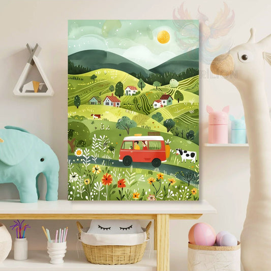 Canvas Printed Cute Village Patterned Painting Playroom Painting Wall Decor Children's Room Painting