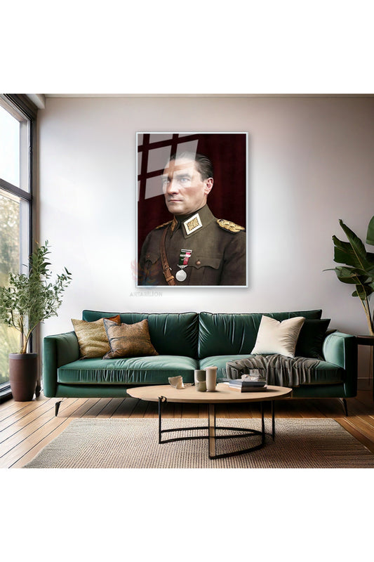 Dikey Metal Çerçeveli Cam Renkli Atatürk Tablosu Metal Çerçeveli Cam Ofis Ev Tablosu Duvar Dekoru