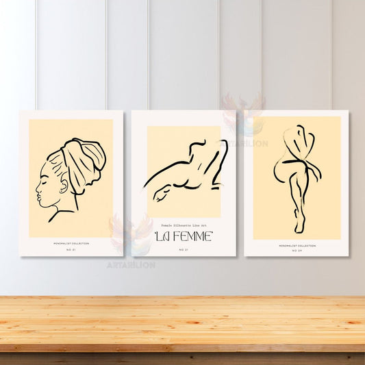3'lü Set Kanvas Tablo Minimalist Boho Modern Kadın Temalı Çizgi Tarz Duvar Tablosu Bohemian Tablo