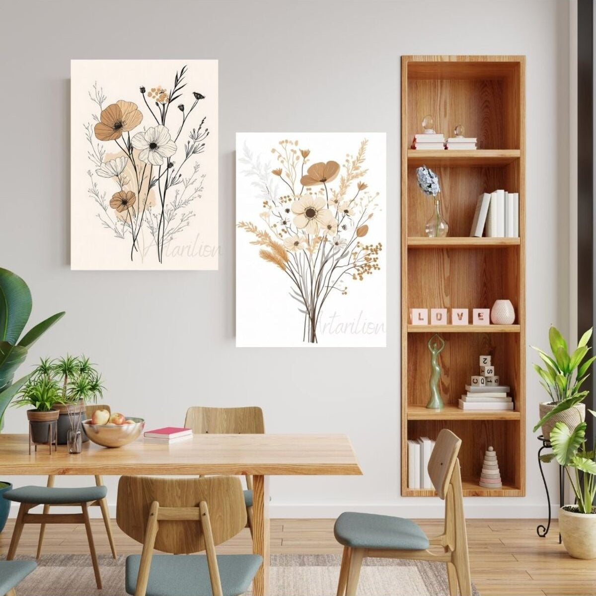 Dijital HD Baskı Modern Minimalist Çiçekler 2'li Kanvas Tablo Seti