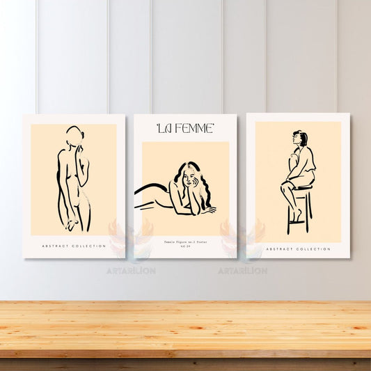 3'lü Set Kanvas Tablo Minimalist Boho Modern Line Art Kadın Figürleri Duvar Tablosu Bohemian Tablo