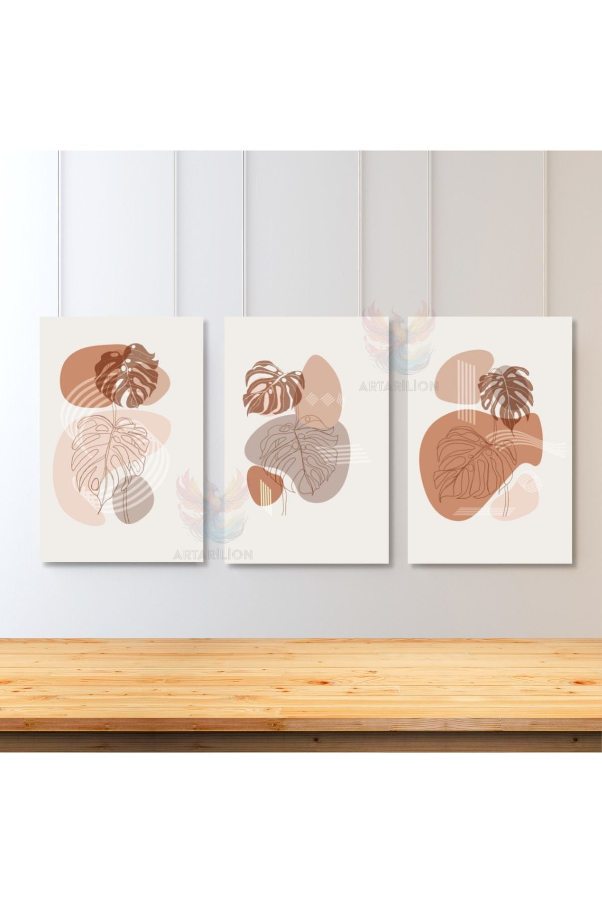 Set Minimalist Kahverengi Yapraklar Boho Oturma Odası Bohemian 3'lü Kanvas Tablo Seti