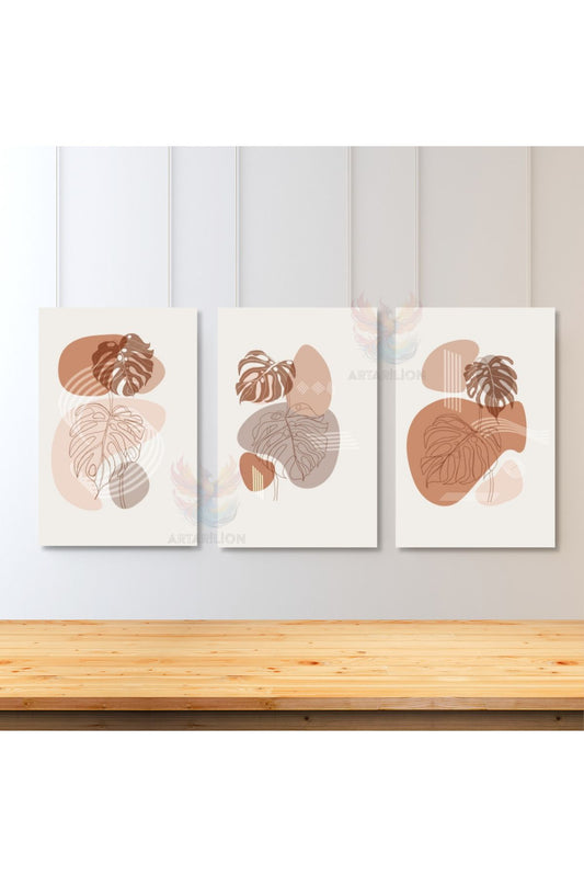 3'lü Set Kanvas Tablo Minimalist Kahverengi Yapraklar Boho Oturma Odası Tablosu Bohemian Tablo