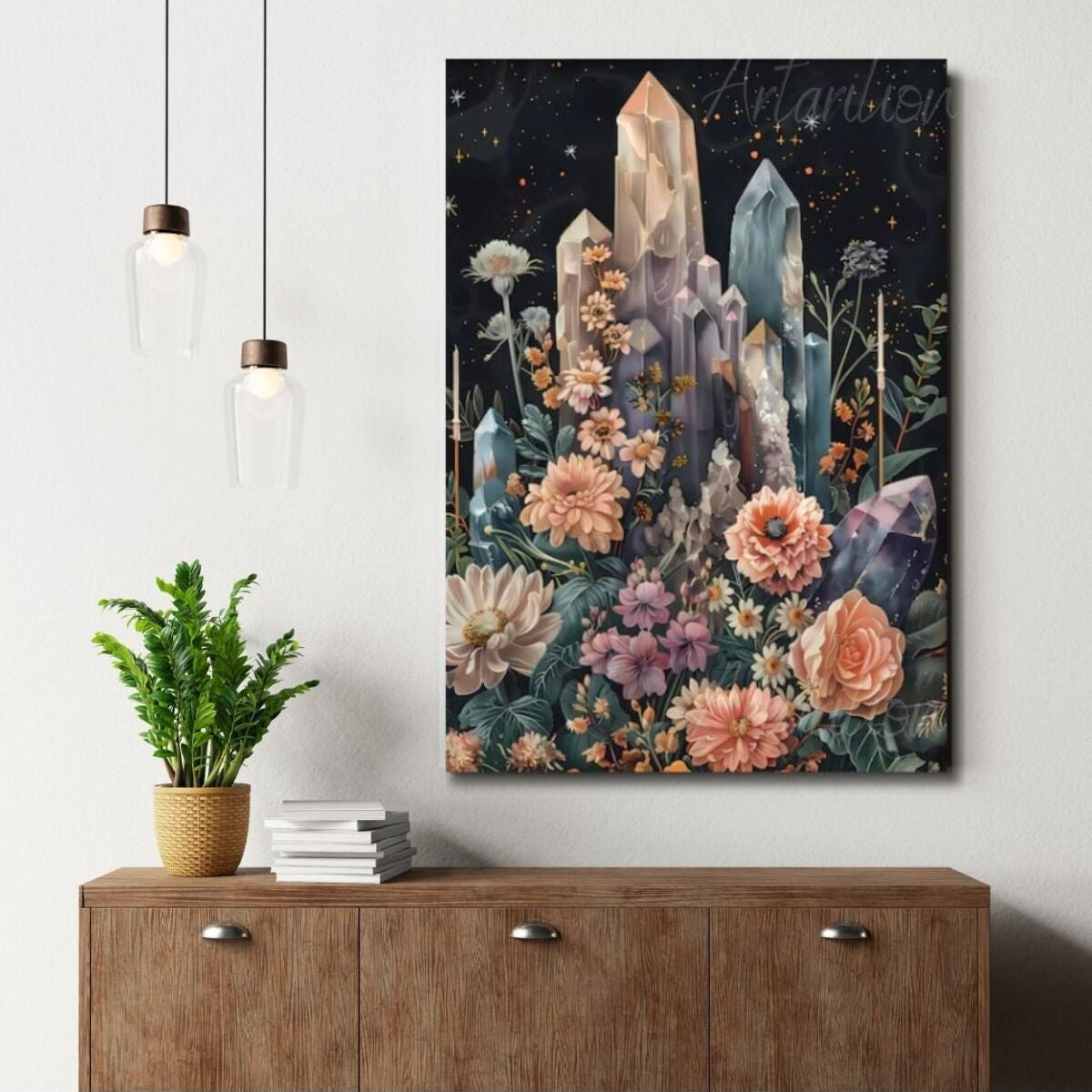 Canvas Digital HD Print Canvas Painting Colorful Crystals and Flowers Wall Art