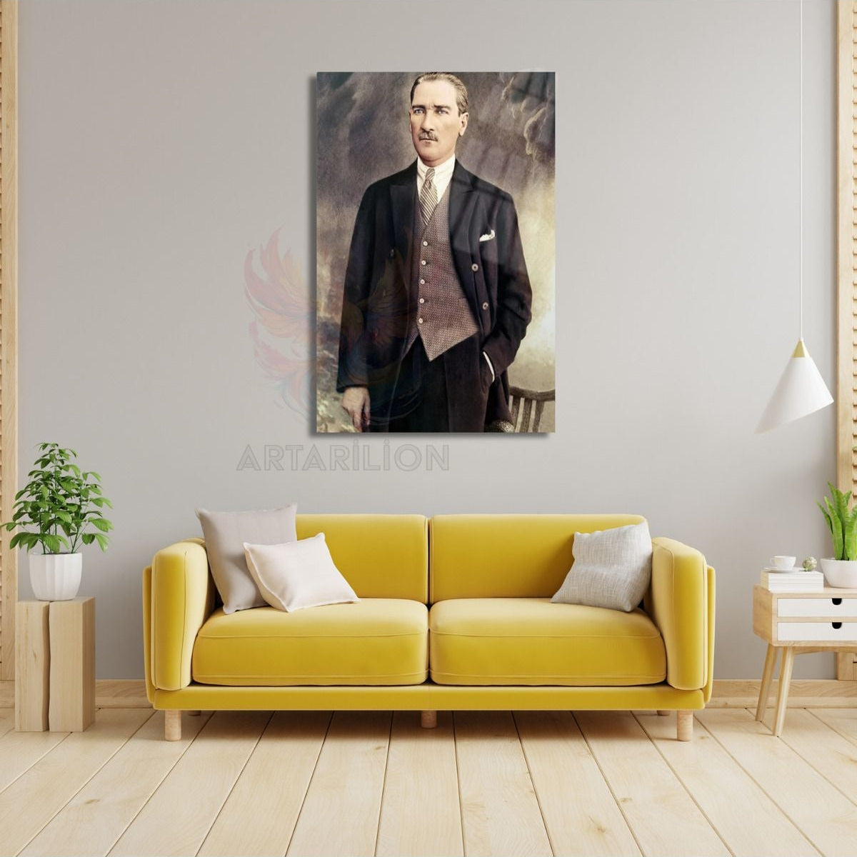 Atatürk Drawing with Hands in Pocket Unbreakable Glass Painting Model Atatürk Portrait Wall Painting