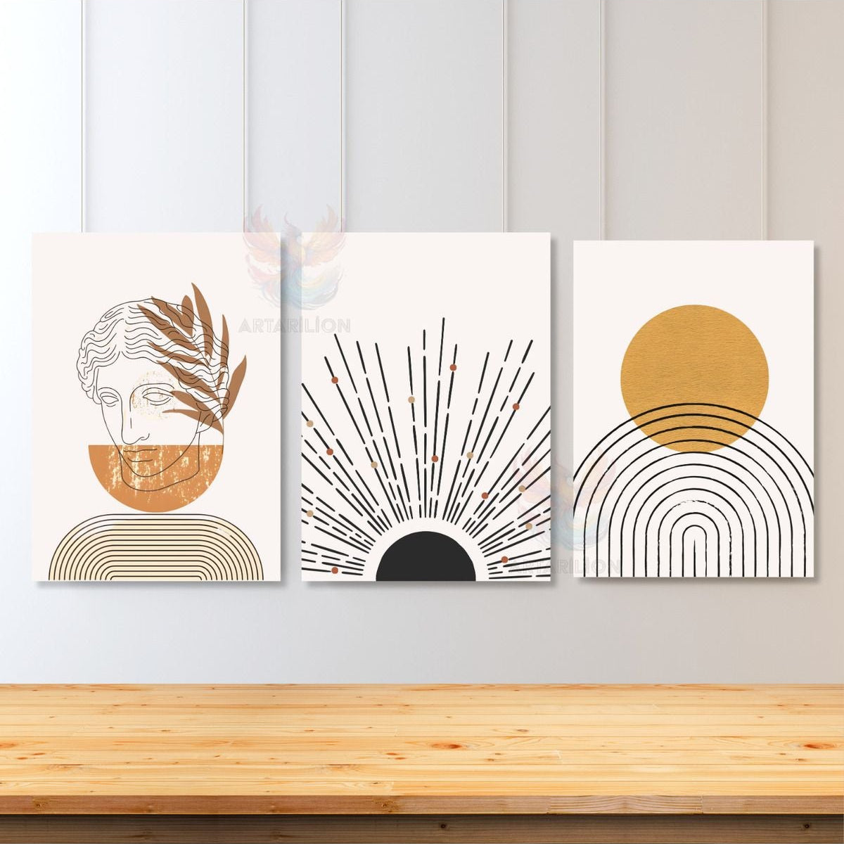Set Minimalist Tasarım Line Art Heykel ve Güneş Oturma Bohemian 3'lü Kanvas Tablo Seti