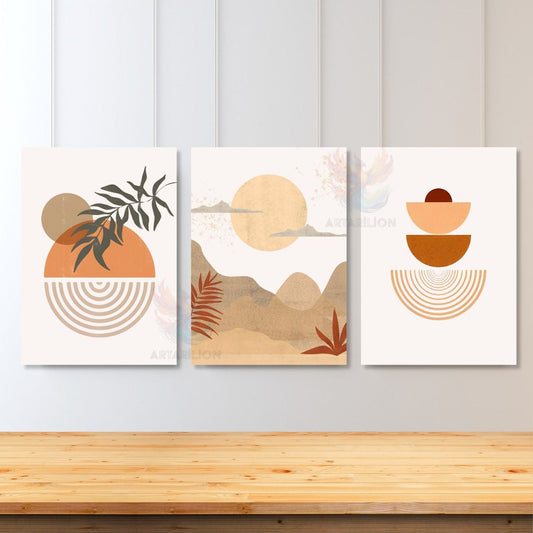 3'lü Set Kanvas Tablo Minimalist Kahverengi Yapraklar Boho Manzara Tablosu Bohemian Kanvas Tablo