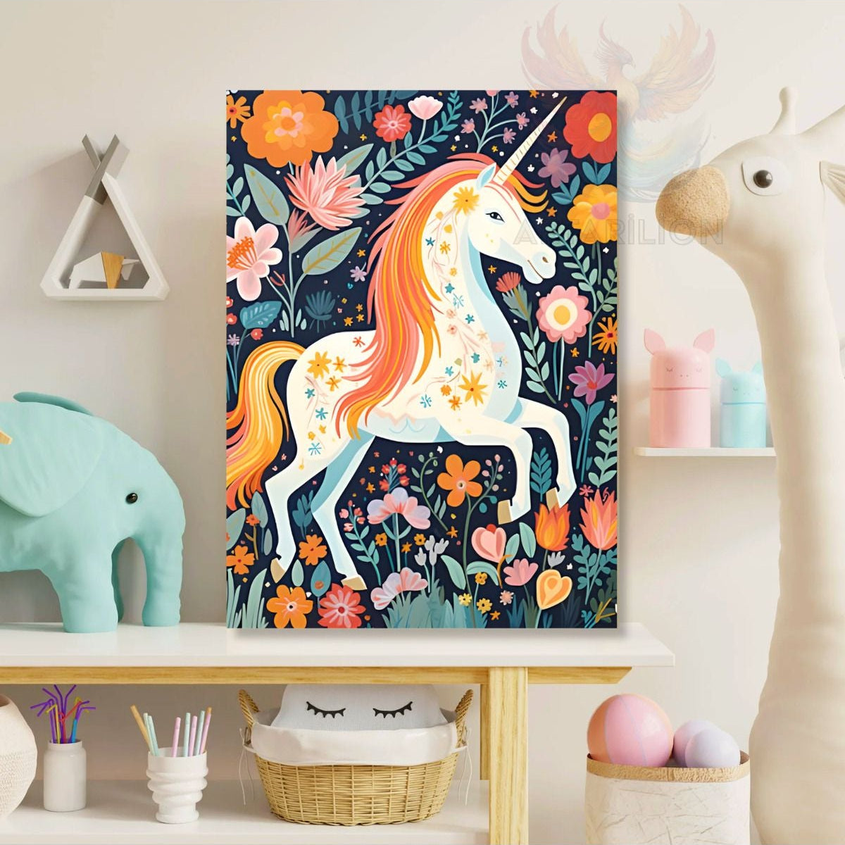 Kanvas Renkli Çiçekler ve Unicorn Baskı Tablo Oyun Odası Tablosu Çocuk Odası Tablosu