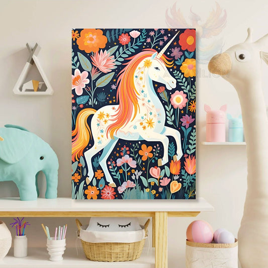 Kanvas Renkli Çiçekler ve Unicorn Baskı Tablo Oyun Odası Tablosu Çocuk Odası Tablosu