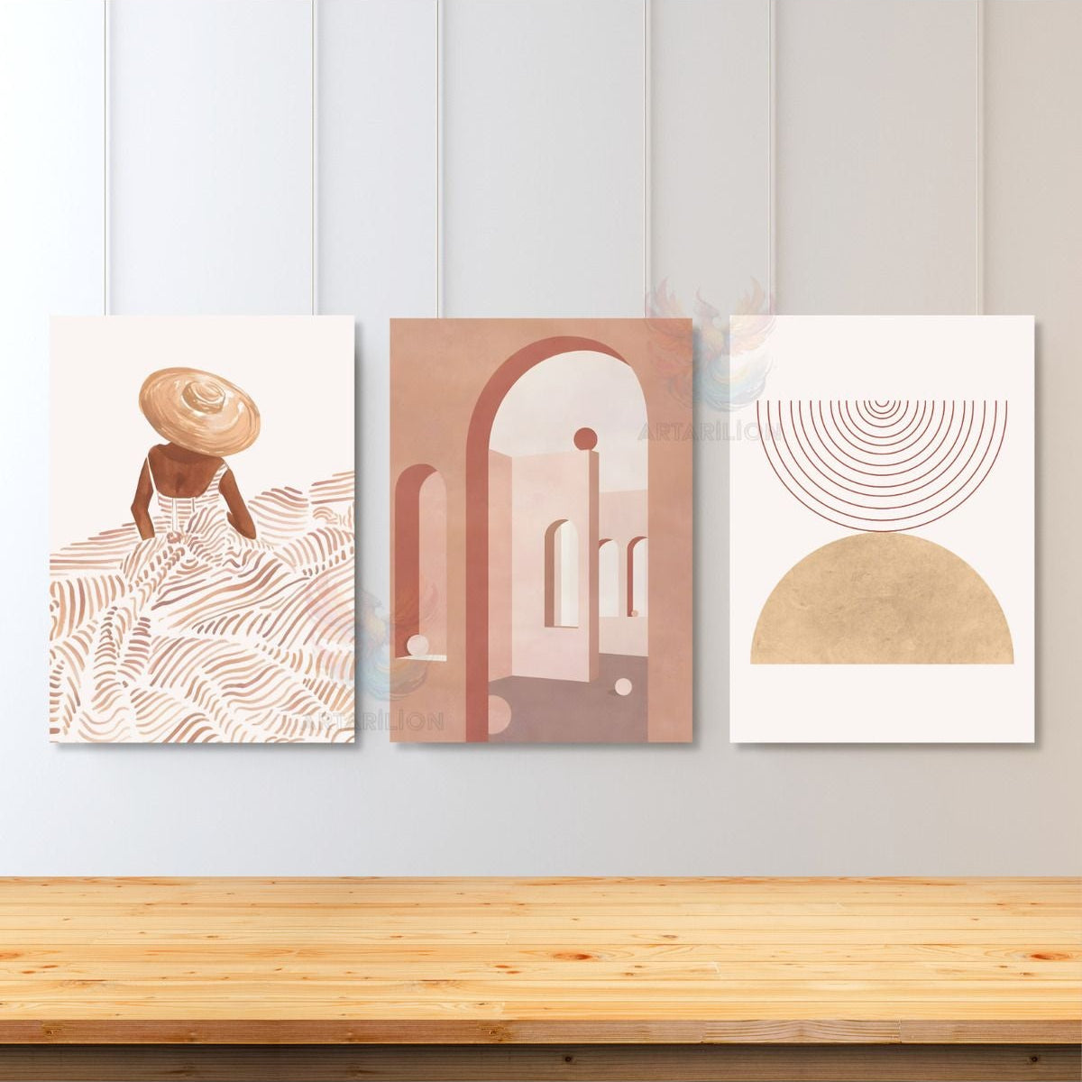 Set Minimalist Oturma Odası Sade Şık Bohemian 3'lü Kanvas Tablo Seti