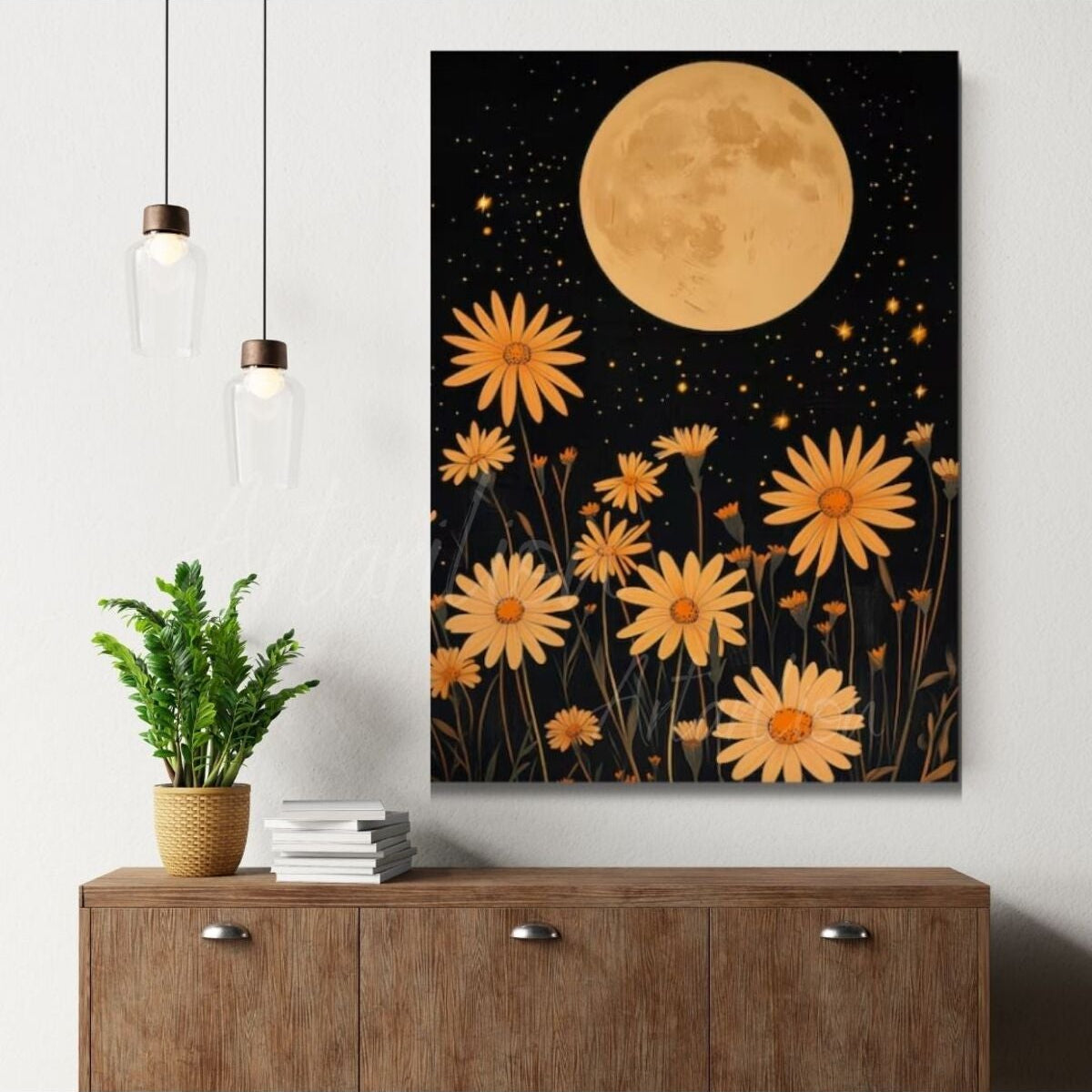 Canvas Digital HD Print Canvas Painting Full Moon and Flowers Wall Art