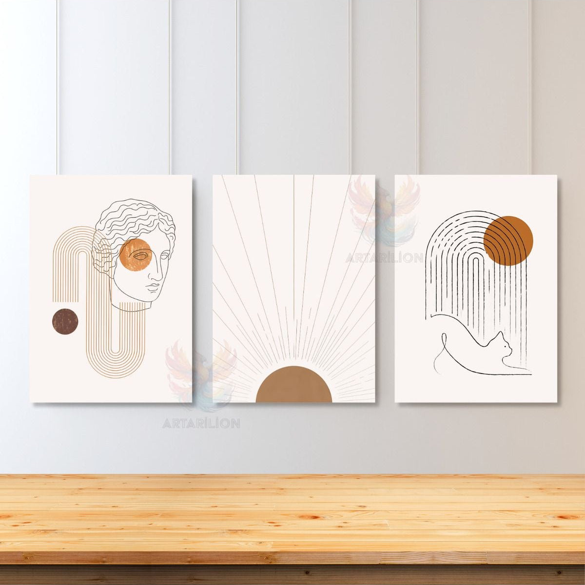 Set Minimalist Boho Modern Line Art Kedi Güneş ve Heykel 3'lü Kanvas Tablo Seti