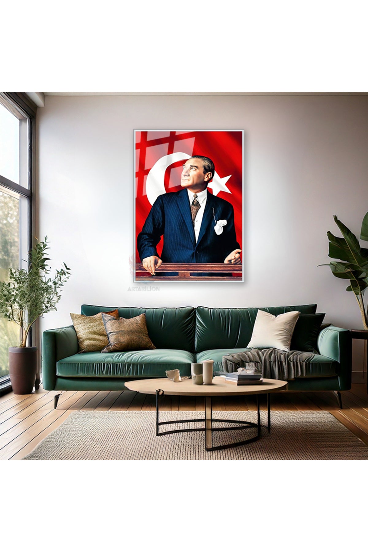 Atatürk ve Bayrak Metal Modeli Sınıf Okul Çerçeveli Cam Tablo